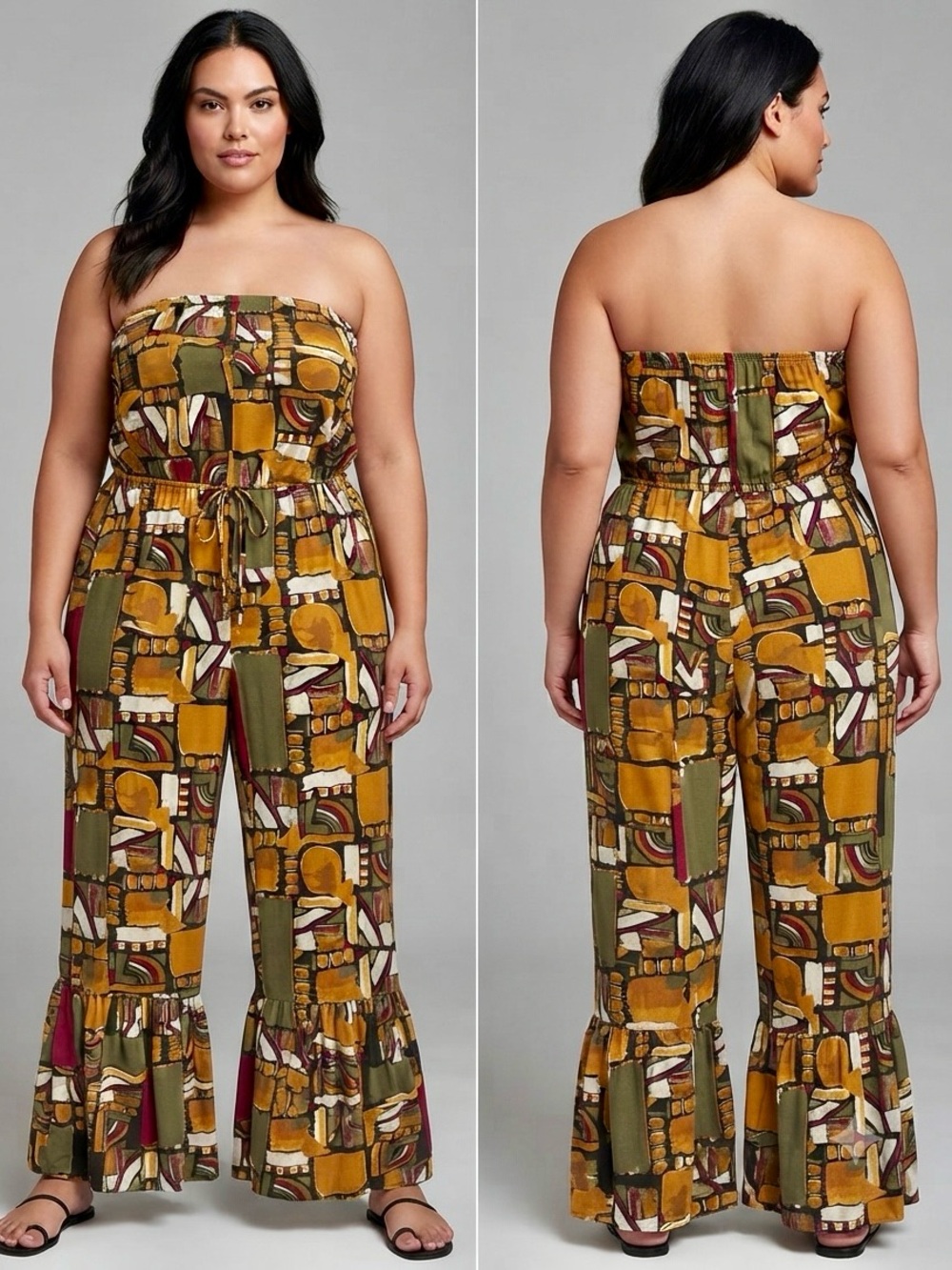 It’s Fashion Abstract Geometric Strapless Jumpsuit with Ruffle Hem